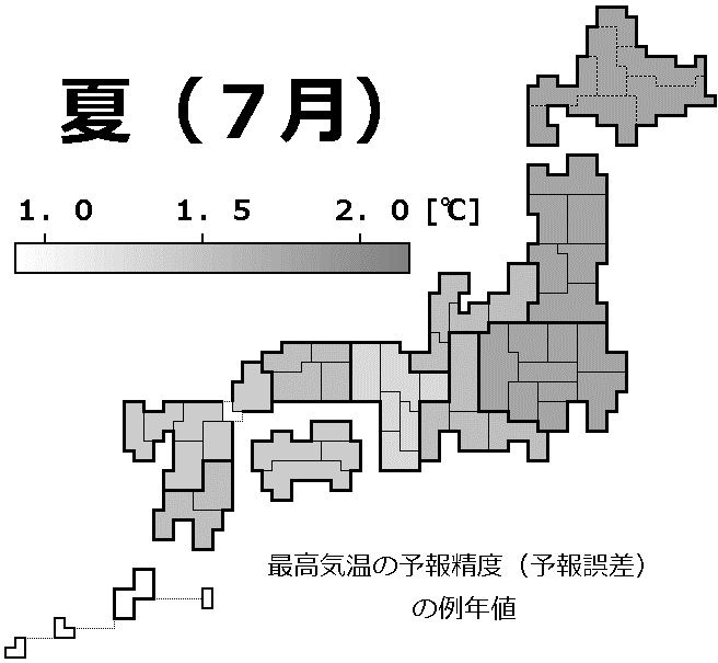 最高気温の予報精度(予報誤差)の例年値の分布地図(7月)