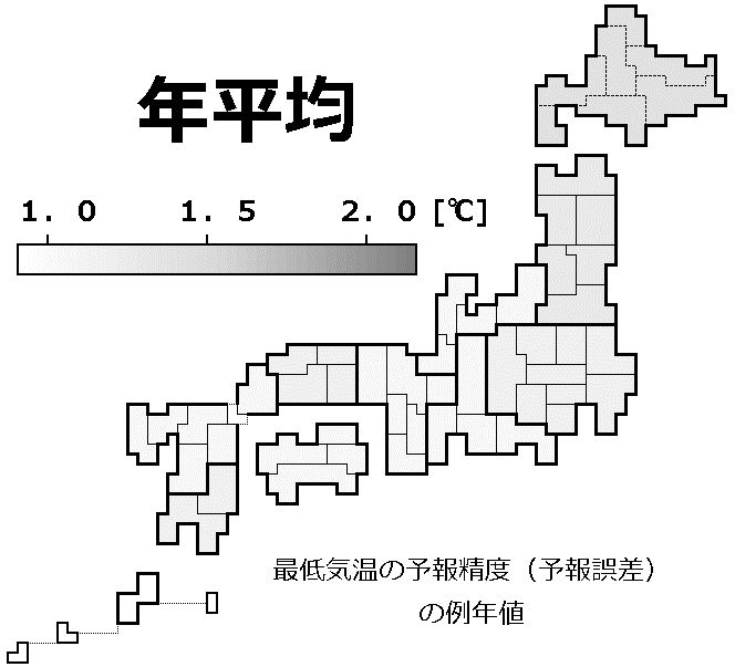 最低気温の予報精度(予報誤差)の例年値の分布地図(年平均)
