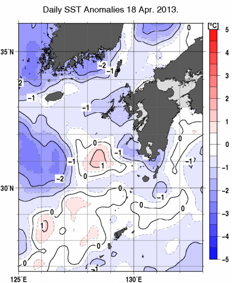 九州・山口県周辺海域の海面水温偏差分布図（4月18日）