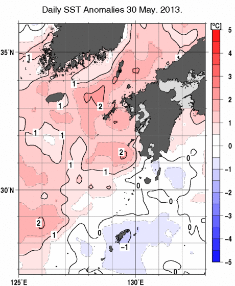 九州・山口県周辺海域の海面水温偏差分布図（5月30日）