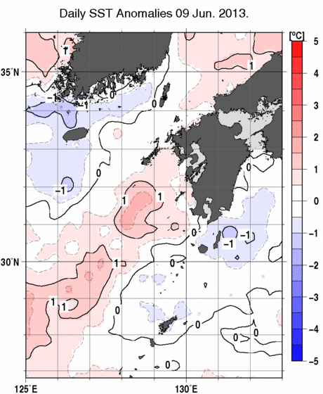 九州・山口県周辺海域の海面水温偏差分布図（6月9日）