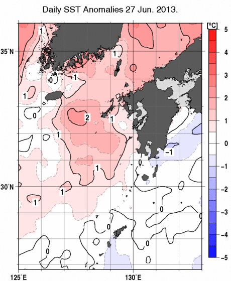 九州・山口県周辺海域の海面水温偏差分布図（6月27日）