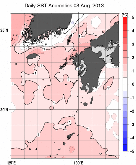 九州・山口県周辺海域の海面水温平年差分布図（8月8日）