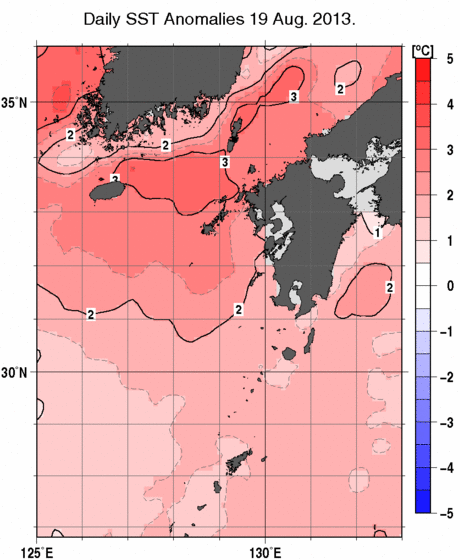 九州・山口県周辺海域の海面水温平年差分布図（8月19日）