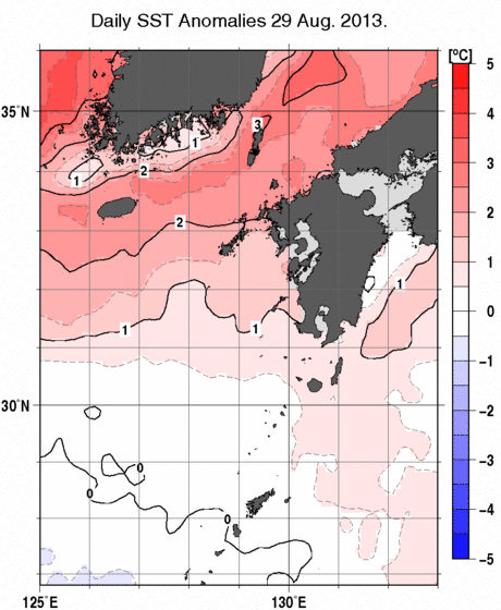 九州・山口県周辺海域の海面水温平年差分布図（8月29日）
