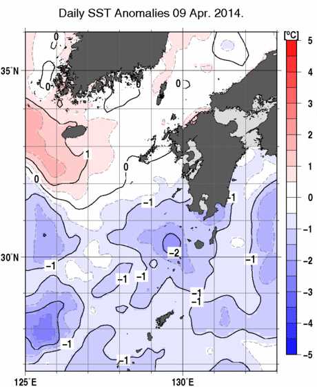 九州・山口県周辺海域の海面水温平年差分布図（4月9日）