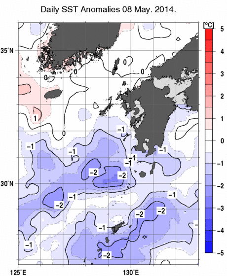 九州・山口県周辺海域の海面水温平年差分布図（5月8日）