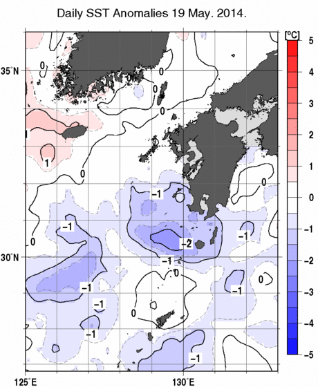 九州・山口県周辺海域の海面水温平年差分布図（5月19日）