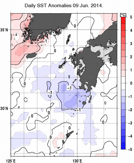 九州・山口県周辺海域の海面水温平年差分布図（6月9日）