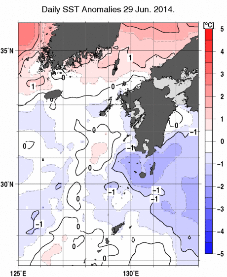 九州・山口県周辺海域の海面水温平年差分布図（6月29日）