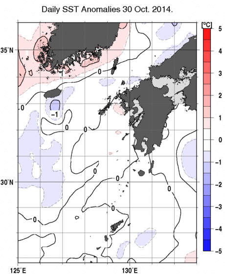 九州・山口県周辺海域の海面水温平年差分布図（10月30日）