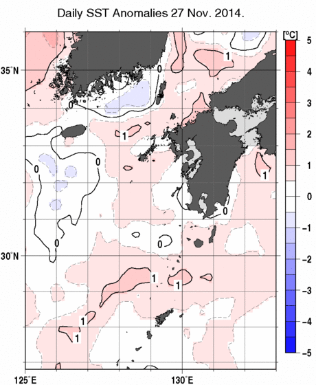 九州・山口県周辺海域の海面水温平年差分布図（11月27日）