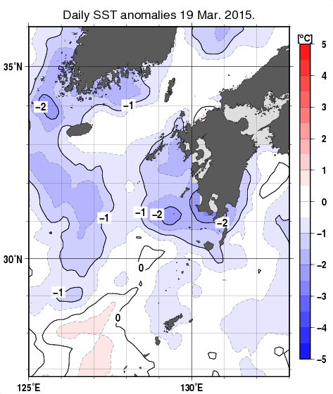 九州・山口県周辺海域の海面水温平年差分布図（3月19日）
