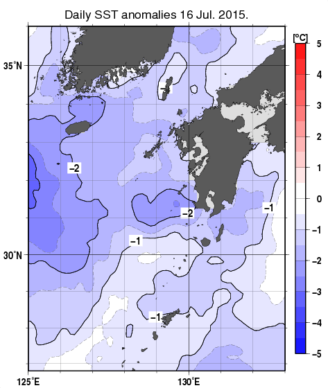 九州・山口県周辺海域の海面水温平年差分布図（7月16日）