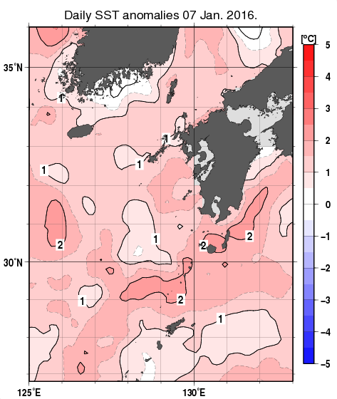 九州・山口県周辺海域の海面水温平年差分布図（1月7日）