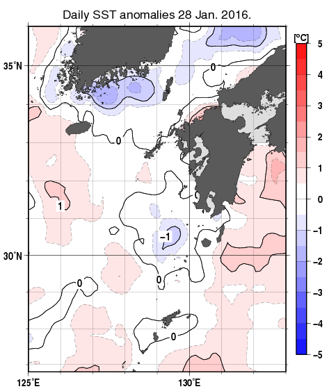 九州・山口県周辺海域の海面水温平年差分布図（1月28日）