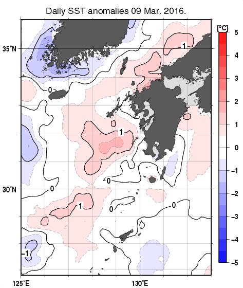 九州・山口県周辺海域の海面水温平年差分布図（3月9日）