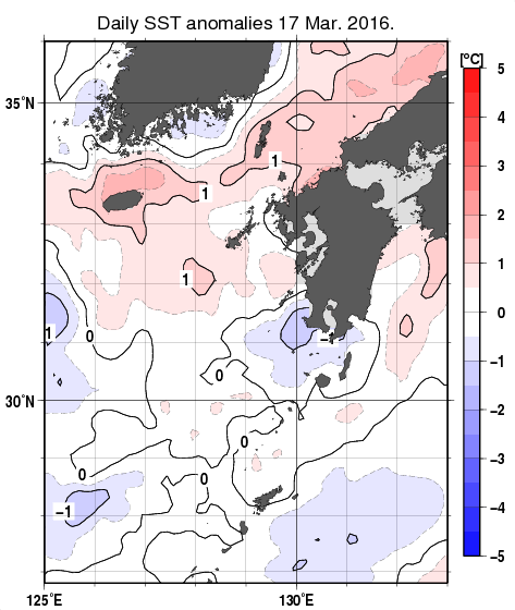 九州・山口県周辺海域の海面水温平年差分布図（3月17日）