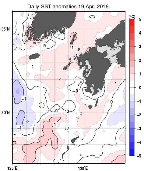 九州・山口県周辺海域の海面水温平年差分布図（4月19日）