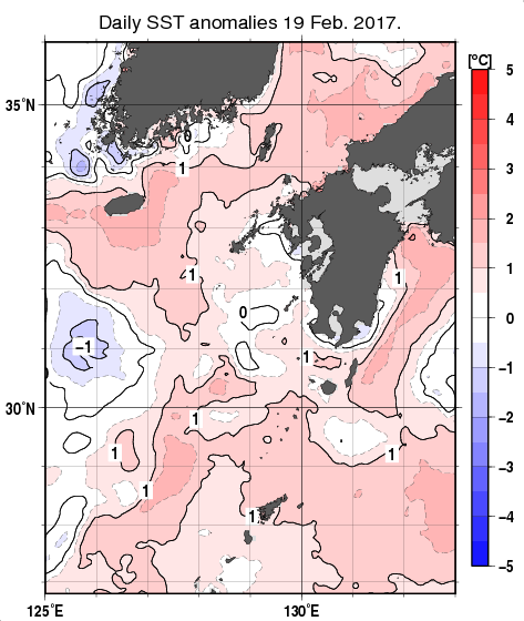 九州・山口県周辺海域の海面水温平年差分布図（2月19日）