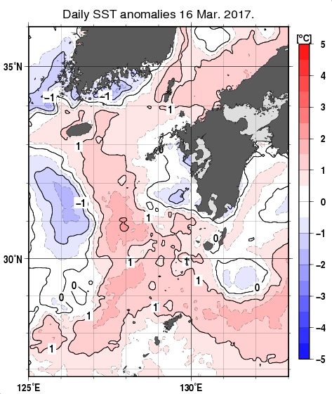 九州・山口県周辺海域の海面水温平年差分布図（3月16日）