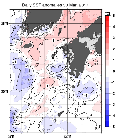 九州・山口県周辺海域の海面水温平年差分布図（3月30日）