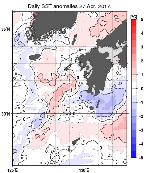 九州・山口県周辺海域の海面水温平年差分布図（4月27日）
