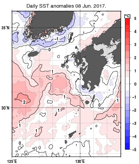 九州・山口県周辺海域の海面水温平年差分布図（6月8日）