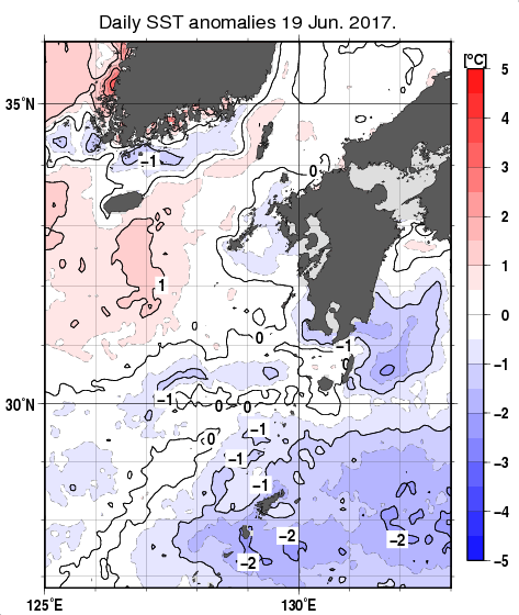 九州・山口県周辺海域の海面水温平年差分布図（6月19日）
