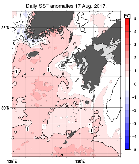 九州・山口県周辺海域の海面水温平年差分布図（8月17日）