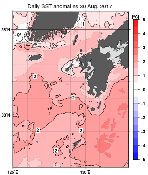 九州・山口県周辺海域の海面水温平年差分布図（8月30日）
