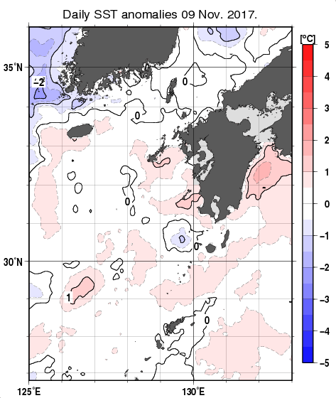 九州・山口県周辺海域の海面水温平年差分布図（11月9日）