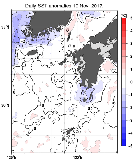 九州・山口県周辺海域の海面水温平年差分布図（11月19日）