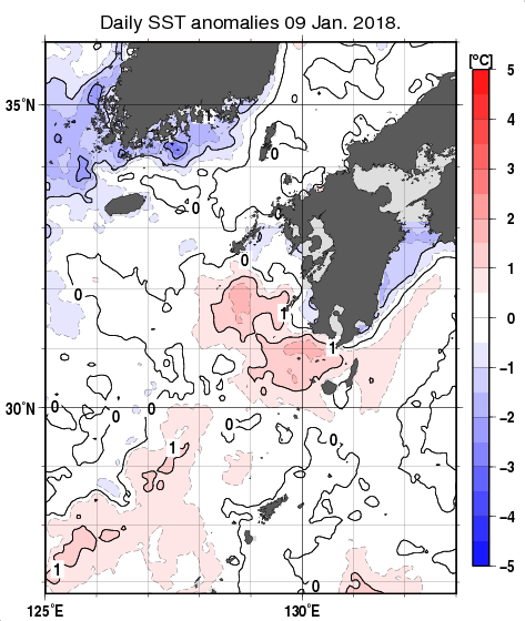 九州・山口県周辺海域の海面水温平年差分布図（1月9日）