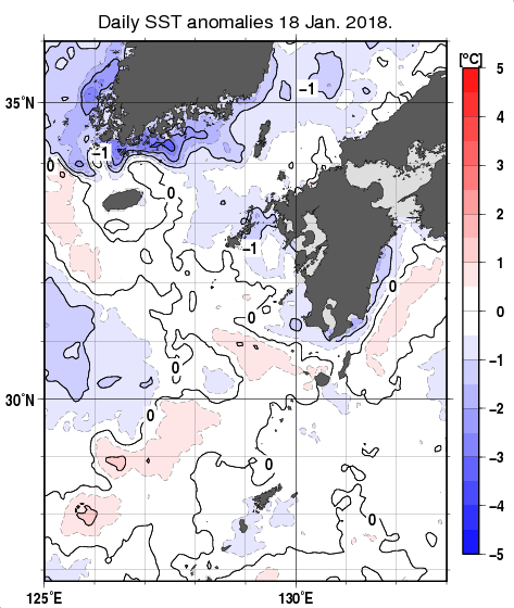 九州・山口県周辺海域の海面水温平年差分布図（1月18日）