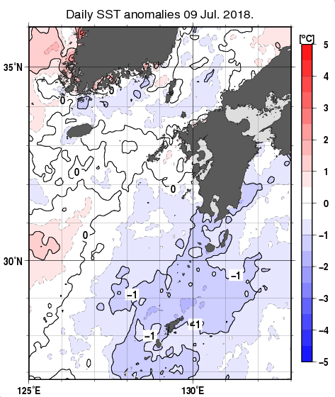 九州・山口県周辺海域の海面水温平年差分布図（7月9日）
