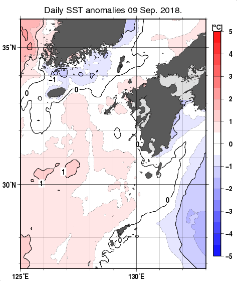 九州・山口県周辺海域の海面水温平年差分布図（9月9日）