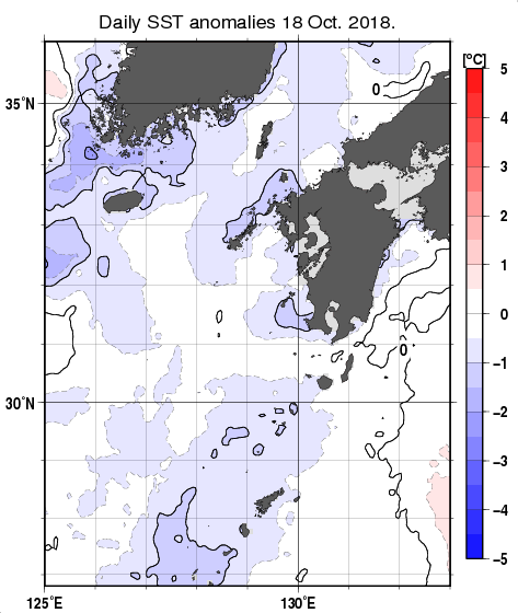九州・山口県周辺海域の海面水温平年差分布図（10月18日）