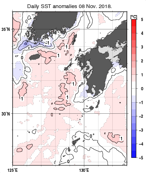 九州・山口県周辺海域の海面水温平年差分布図（11月8日）