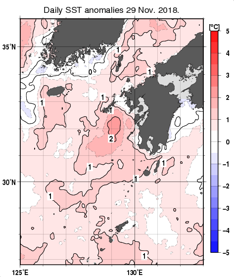 九州・山口県周辺海域の海面水温平年差分布図（11月29日）