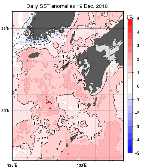 九州・山口県周辺海域の海面水温平年差分布図（12月19日）