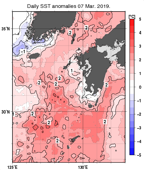 九州・山口県周辺海域の海面水温平年差分布図（3月7日）