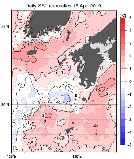 九州・山口県周辺海域の海面水温平年差分布図（4月18日）