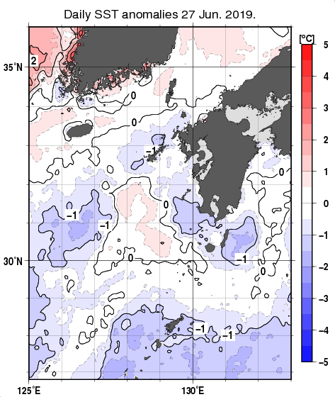 九州・山口県周辺海域の海面水温平年差分布図（6月27日）