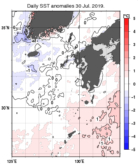 九州・山口県周辺海域の海面水温平年差分布図（7月30日）