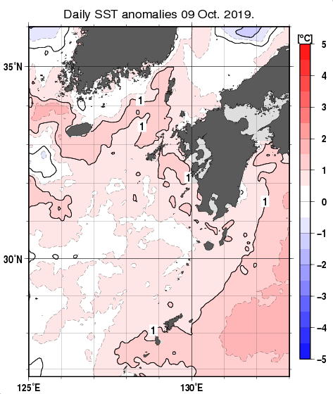 九州・山口県周辺海域の海面水温平年差分布図（10月9日）