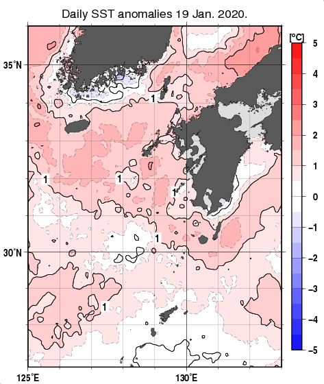 九州・山口県周辺海域の海面水温平年差分布図（1月19日）
