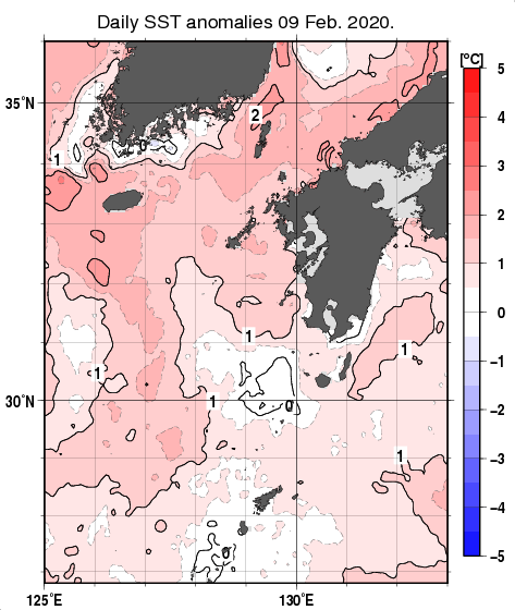 九州・山口県周辺海域の海面水温平年差分布図（2月9日）