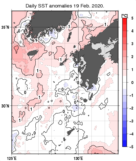 九州・山口県周辺海域の海面水温平年差分布図（2月19日）