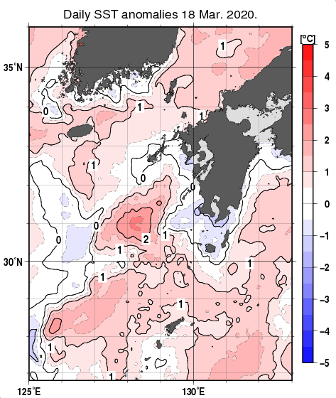 九州・山口県周辺海域の海面水温平年差分布図（3月18日）